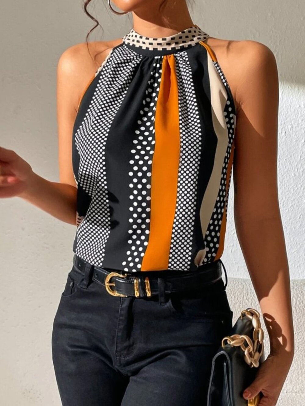 Emery Rose Polka Dot Print Key Hole Back Halter Neck Blouse Top Size M